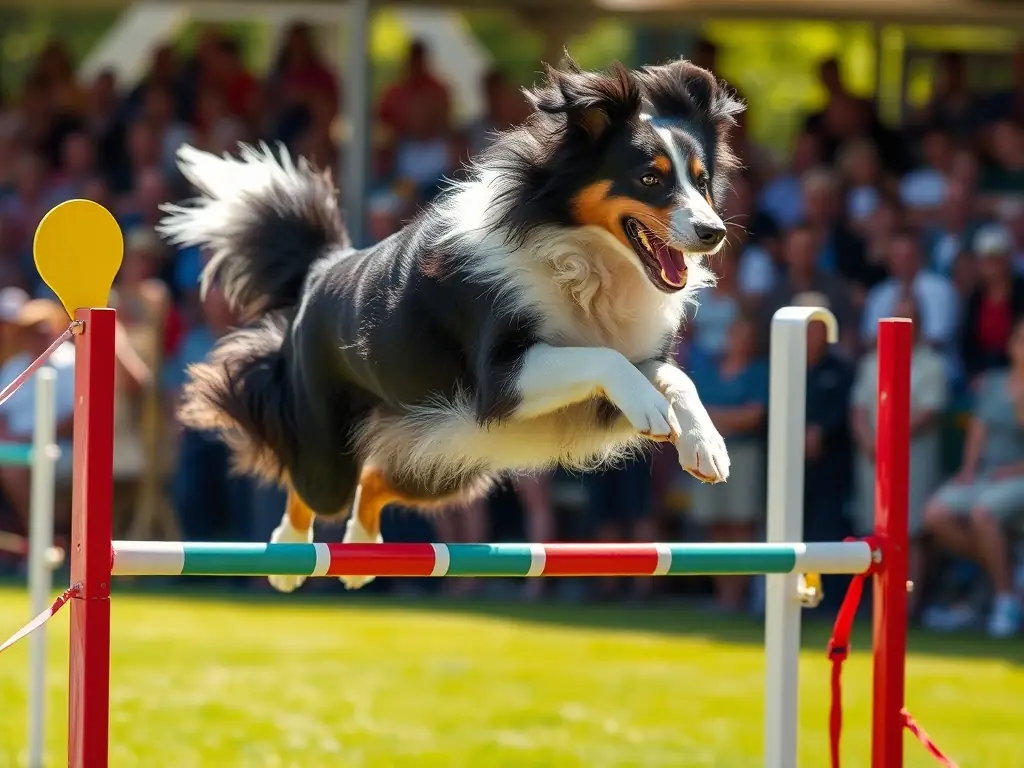 A vibrant action shot of a dog skillfully navigating an agility course, showcasing the speed and precision required in the sport. The dog is a Border Collie, known for its agility and intelligence, set against a backdrop of cheering spectators.