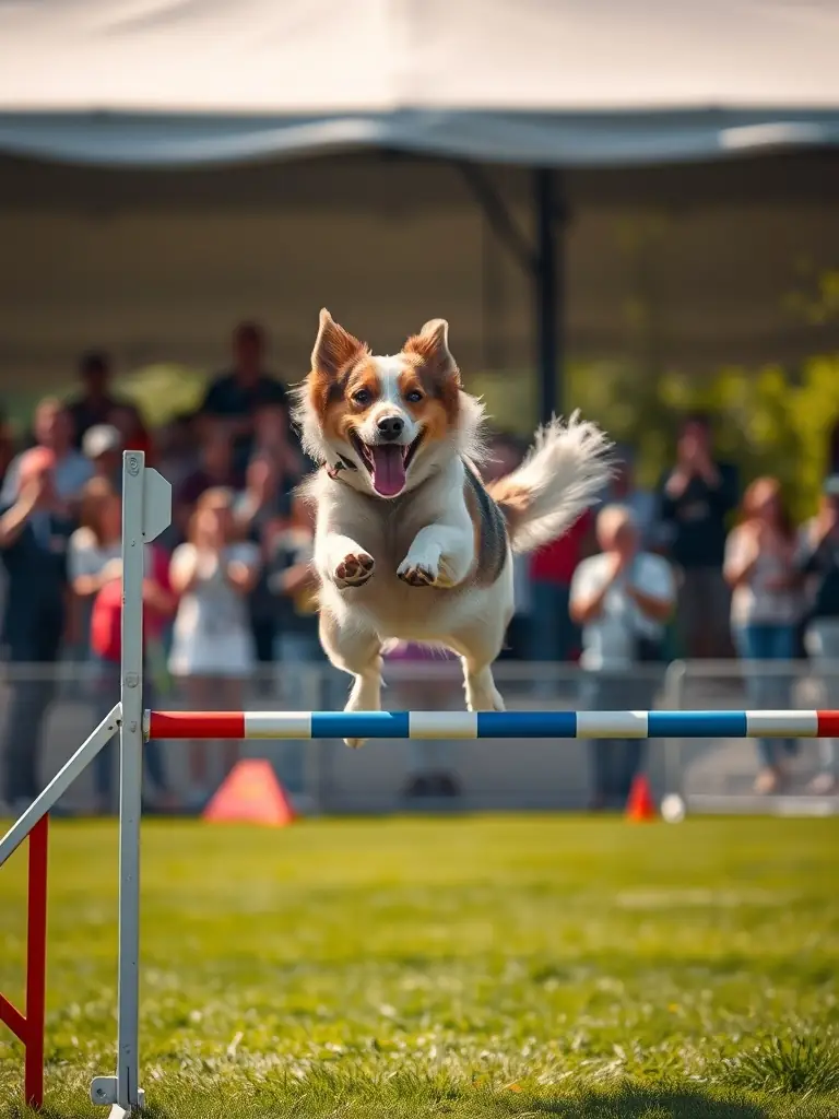 A vibrant image of a dog leaping over a hurdle during an agility competition, capturing the excitement and athleticism of the sport.