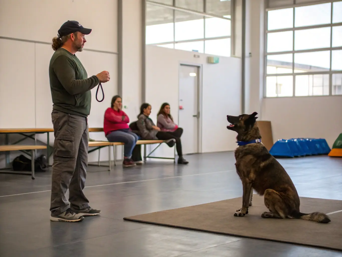 A heartwarming image of dogs and their owners participating in an obedience class, demonstrating their focus and teamwork as they follow commands and perform exercises together.