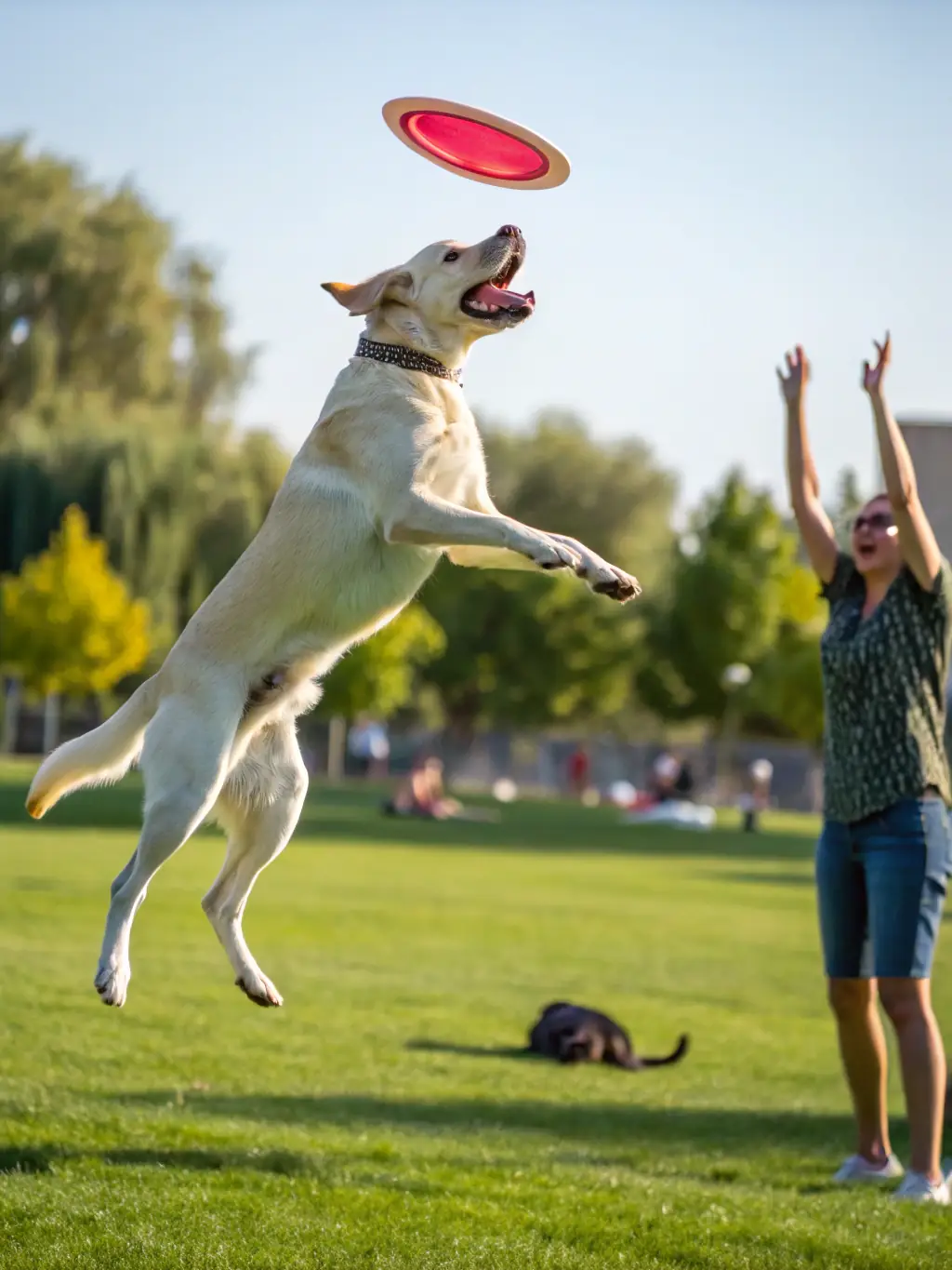 A golden retriever leaping over a hurdle during an agility competition, showcasing the dog's athleticism and focus.