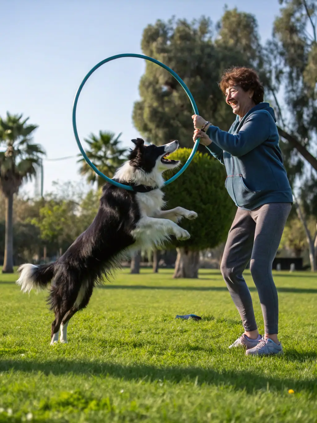 A border collie attentively following its owner's commands during an obedience trial, demonstrating precision and control.