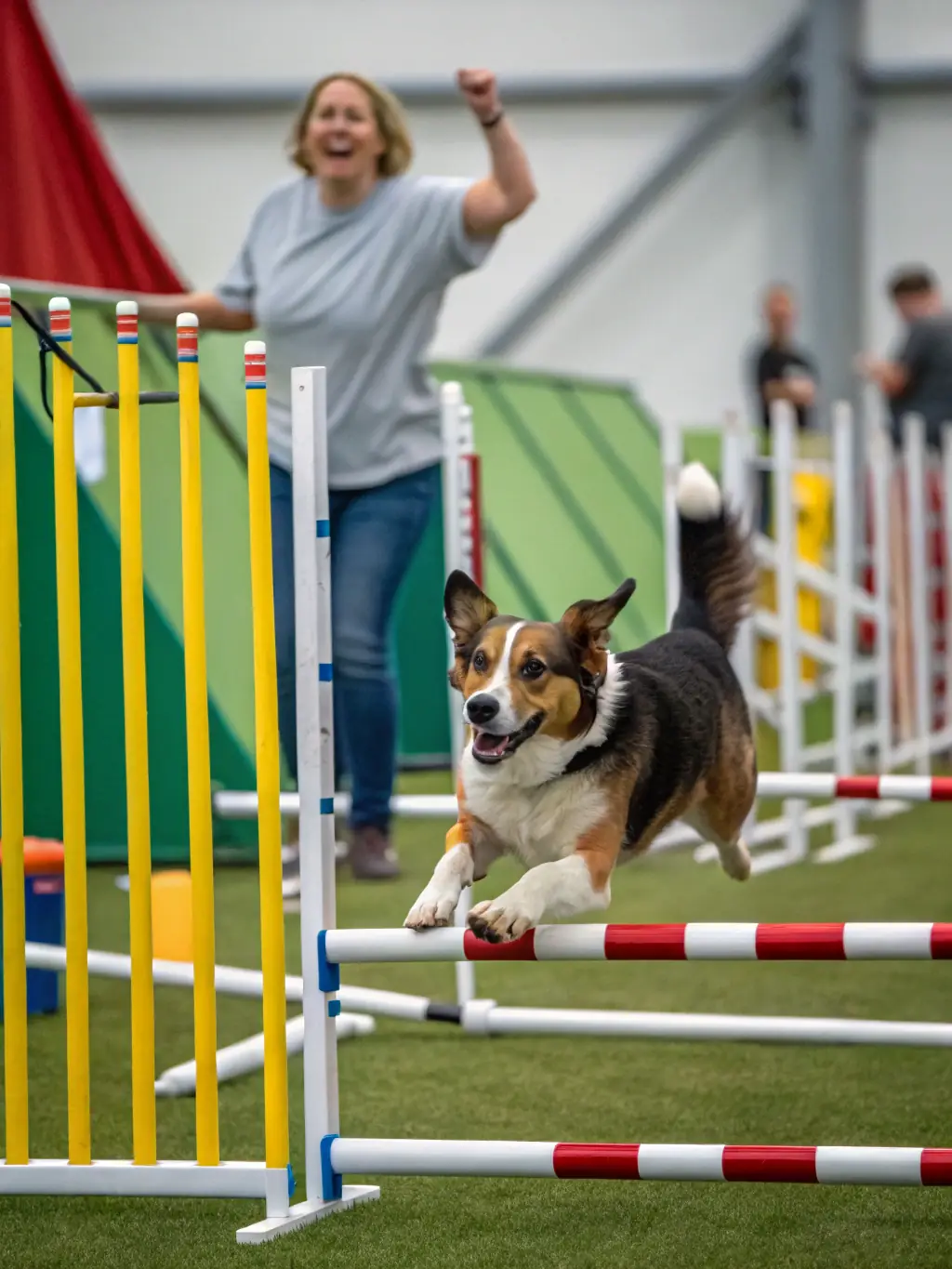 A vibrant action shot of a dog leaping over a hurdle during an agility competition, showcasing the energy and excitement of the sport at a SPORTS-CANINS event.