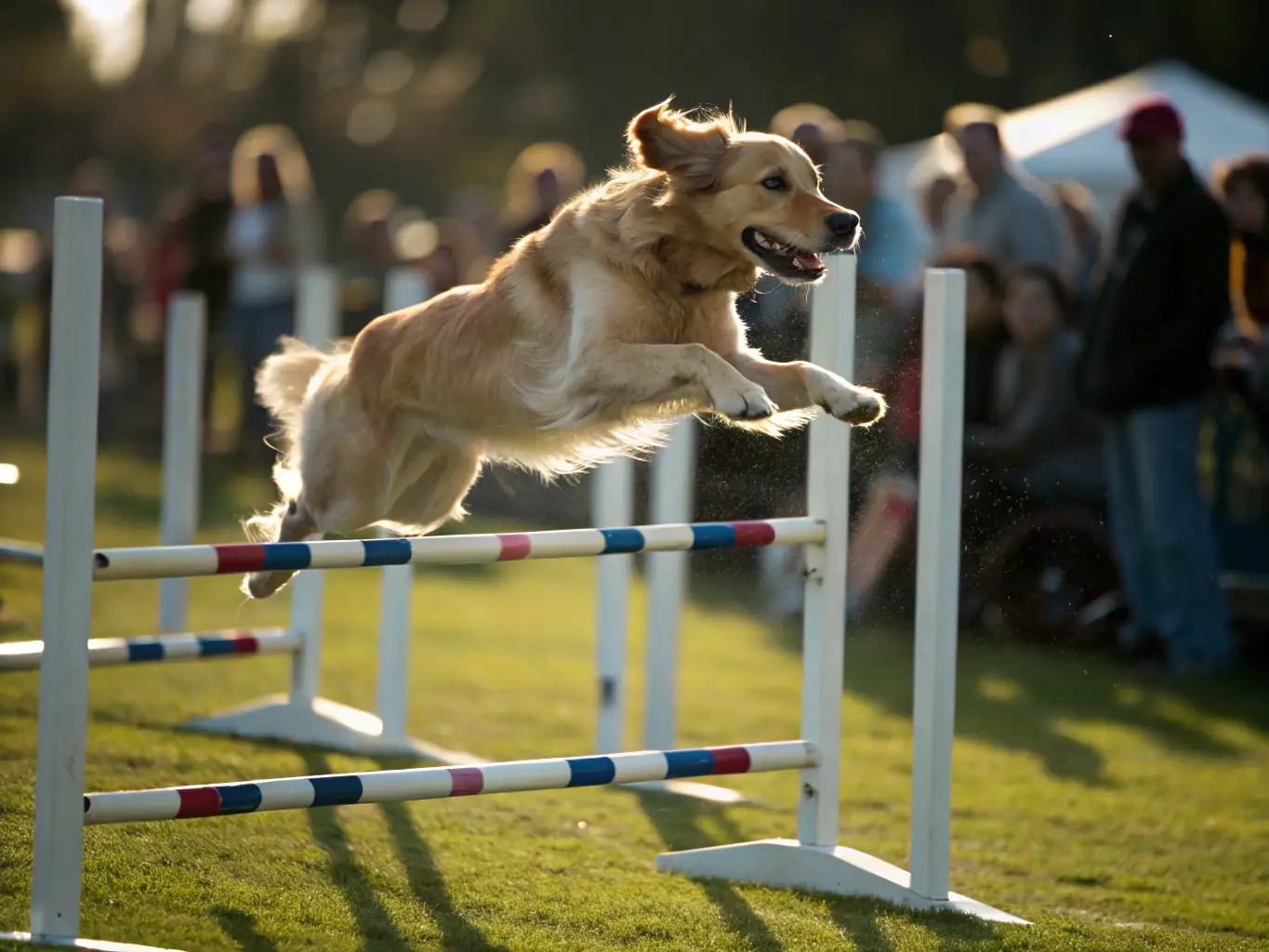 A vibrant action shot of dogs participating in an agility course, showcasing their speed and precision as they navigate through tunnels and jumps, with their handlers cheering them on.