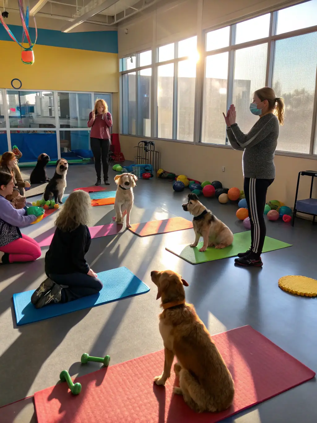 A group of dogs and their owners participating in a rally obedience course, navigating various stations with enthusiasm and joy.