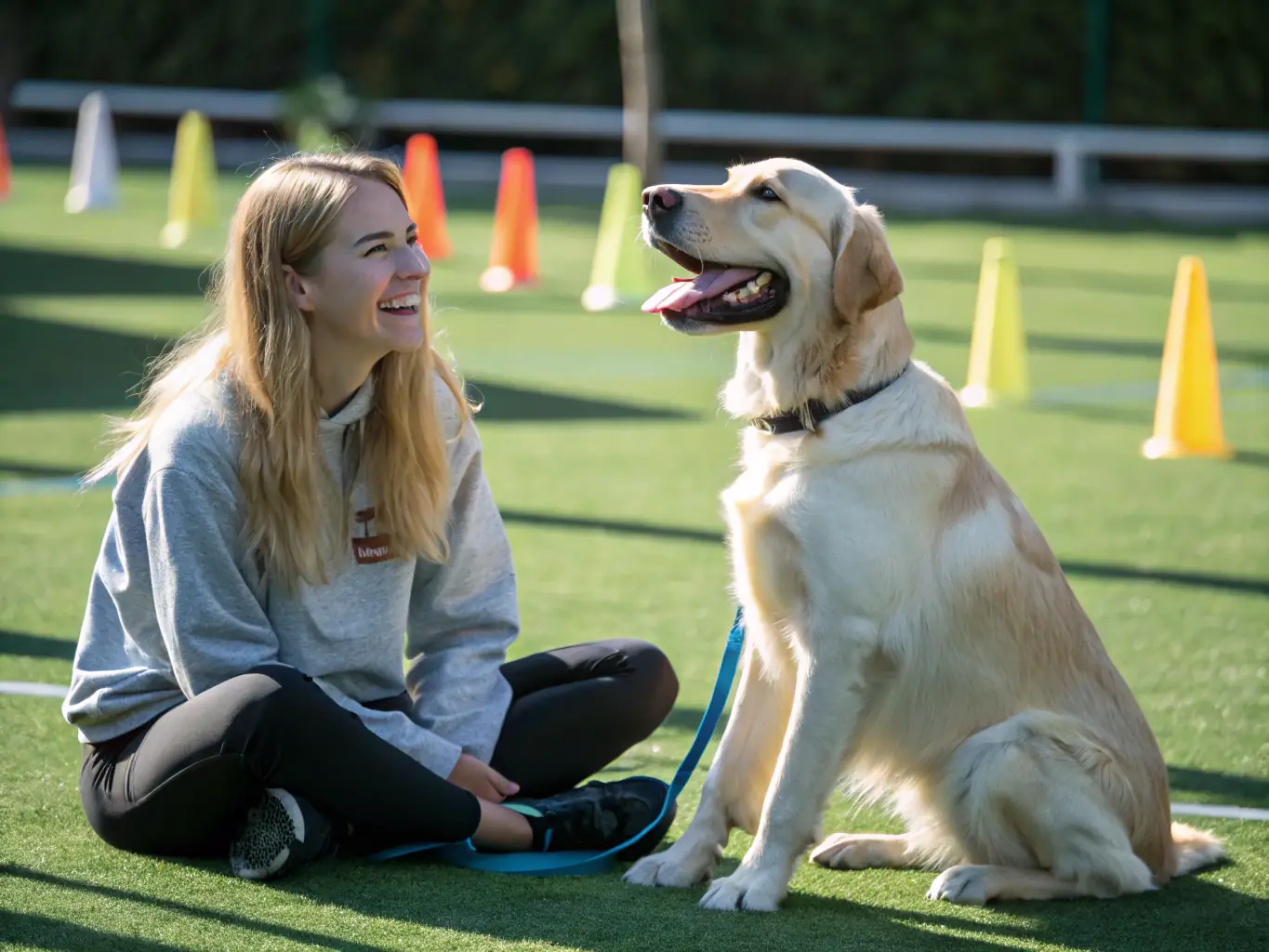 A serene image of a dog and owner participating in a canine obedience class, demonstrating focused attention and teamwork. The setting is a well-maintained outdoor training area, emphasizing the importance of positive reinforcement.