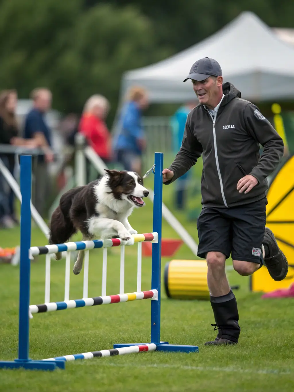 A dynamic photo of dogs and their handlers participating in a rally obedience course, demonstrating the precision and harmony required in this sport at a SPORTS-CANINS rally event.