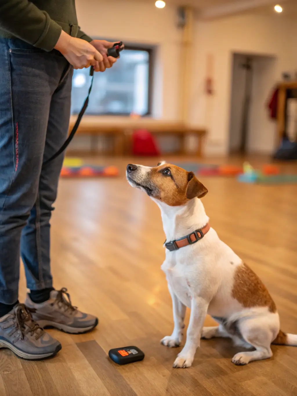A focused image of a dog attentively performing a 'sit-stay' command during an obedience class, showcasing discipline and training.
