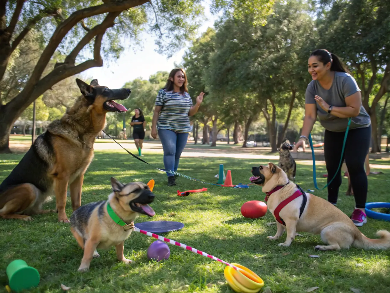 A dynamic photograph of dogs and their handlers engaged in a rally competition, showcasing their precision and enthusiasm as they navigate through a course of designated stations.